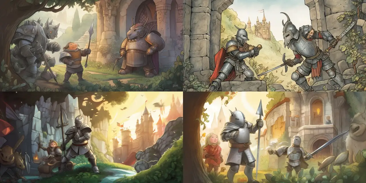 A heartwarming children's book illustration featuring a brave knight, {{knight_name}}, and a friendly ogre, {{ogre_name}}, teaming up to defend a magical castle, {{castle_name}}, against the forces of evil. Show the knight wearing his {{knight_armour}} and bearing his {{knight_weapon}}, while the ogre showcases his {{ogre_trait}} and carries a {{ogre_tool}}. The magical castle should represent a sense of wonder and mystery, with {{magic_feature_1}} and {{magic_feature_2}} adorning its walls. Capture the essence of a classic children's book illustration style, focusing on vibrant colors, whimsical details, and enchanting storytelling. The final composition should evoke feelings of friendship, teamwork, and the power of unity in the face of adversity.