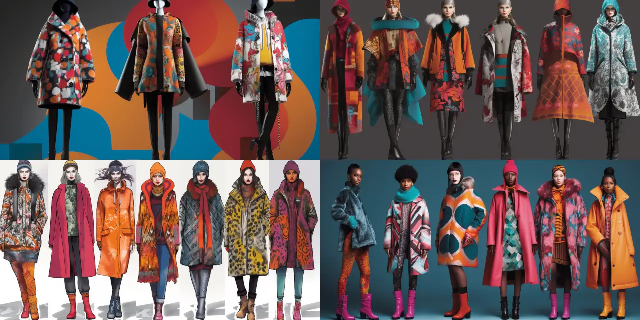Design a vibrant, contemporary winter outerwear collection with {{number_of_pieces}} distinctive pieces, incorporating bold patterns such as {{pattern_1}}, {{pattern_2}}, and {{pattern_3}}. Experiment with unconventional materials like {{material_1}}, {{material_2}}, and {{material_3}} to create unique, stylish garments that cater to a diverse clientele. Take inspiration from various art movements, such as {{art_style_1}}, {{art_style_2}}, and {{art_style_3}}, and explore the creative vision of renowned artists like {{artist_1}}, {{artist_2}}, and {{artist_3}}. Present the collection using a blend of traditional fashion mediums like {{medium_1}}, {{medium_2}}, and innovative technologies such as {{medium_3}}, to emphasize the forward-thinking essence of the designs.