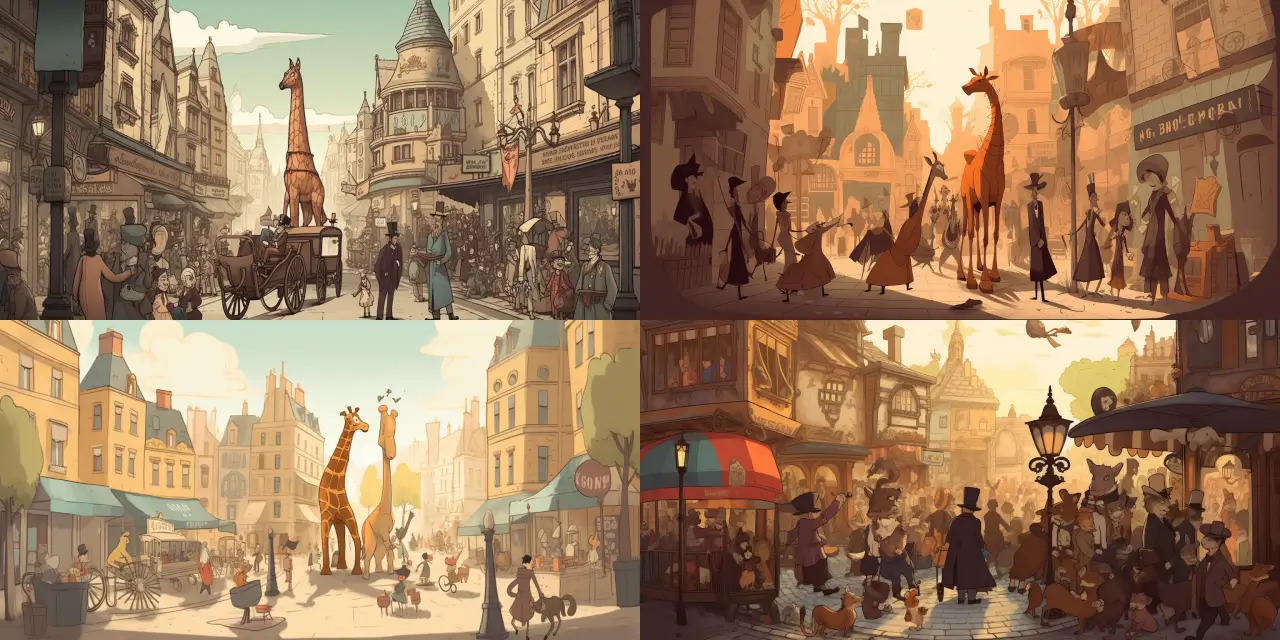 Create a dynamic and captivating cartoon scene of a bustling town square teeming with various animal characters, including {{animal_1}} as the merchant and {{animal_2}} as the street performer. Ensure detailed and expressive facial expressions on the characters. Incorporate a unique blend of clothing styles such as {{style_1}} and {{style_2}} to add richness to the scene. Present your illustration in the form of a storyboard, showcasing key moments and interactions between characters within the lively square.