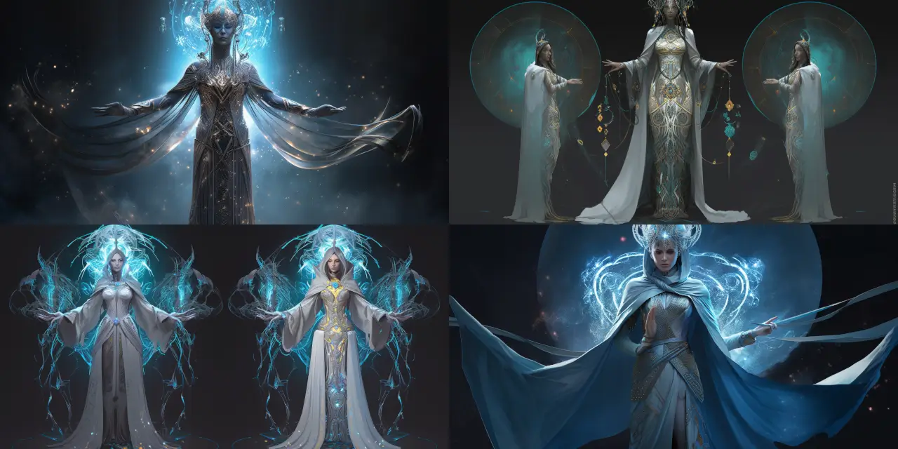 Design a {{genre_1}} high priestess in a flowing {{material_1}} gown, adorned with {{adornment_1}}, and emitting {{light_1}}. The priestess should be surrounded by a futuristic setting, including {{setting_element_1}}, {{setting_element_2}}, and {{setting_element_3}}. Capture the essence of her power and authority using a combination of art styles such as {{art_style_1}}, {{art_style_2}}, and {{art_style_3}}, drawing inspiration from artists like {{artist_1}}, {{artist_2}}, and {{artist_3}}. Use {{medium_1}} as the main medium to create this captivating piece of {{genre_1}} character design.