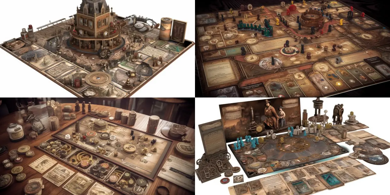 In a whimsical {{steampunk_setting}}, depict a gathering of eccentric {{inventor}}, each with their own unique steampunk-inspired accessories and attire. They are huddled around a custom-built {{mechanical_card_shuffler}}, strategizing their next moves in an engaging {{tabletop_card_game}}. Show the intricate details of the steampunk-inspired game design, including the game board, card designs, and any other game components that showcase the fusion of elegance and machinery. The atmosphere should capture a sense of wonder, adventure, and friendly competition, all under the glowing warmth of Victorian-inspired lighting.