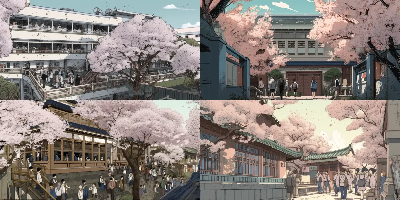 Draw a detailed image of a Japanese high school in {{setting}}, featuring {{number_of_students}} students wearing {{uniform_style}} uniforms, surrounded by gently falling cherry blossoms. Capture the essence of modern times with subtle elements, such as {{modern_element_1}} and {{modern_element_2}}. Illustrate the scene using Manga Style techniques, emphasizing the {{manga_style_specifics}} aspects. Exploit the vibrant colors and contrast to create a lively atmosphere as students interact with each other amidst the picturesque background.