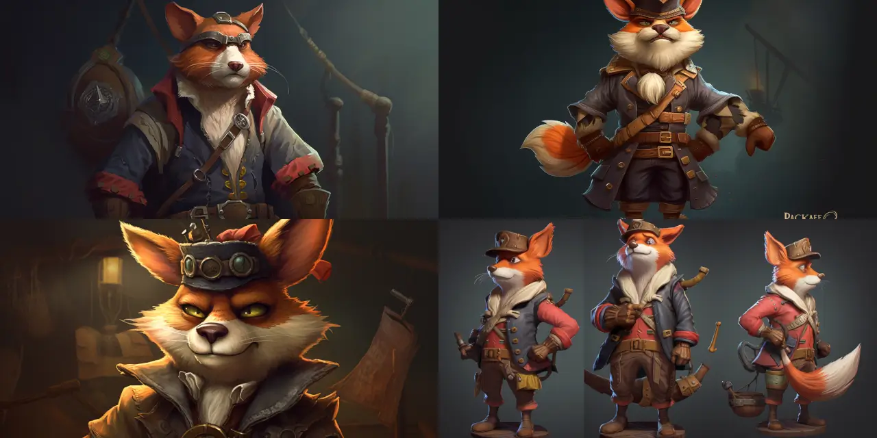 Create a vivid caricature of an anthropomorphic {{animal_1}} (like a cat or fox) dressed as a pirate captain, complete with an eye patch, standing proudly on the deck of a {{pirate_ship_1}} amidst a {{weather_condition_1}}. Capture the essence of this pirate captain's personality through exaggerated features and expressions, while incorporating unique caricature-style twists in their outfit and pirate ship design. Consider inspirations from various art styles such as impressionism, pop art, or surrealism to enhance the overall effect of this adventurous scene. Use a medium such as {{medium_1}} (watercolor, ink drawing, oil on canvas, or digital) to truly bring the anthropomorphic pirate captain to life.