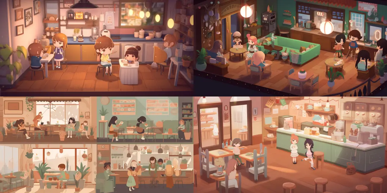 Depict a chibi style cozy café interior, featuring {{number_of_characters}} charming characters with unique expressions and outfits, each enjoying their favorite {{beverage_1}}, {{beverage_2}}, or {{dessert_1}}. Capture the warm atmosphere and the friendly conversations between characters of diverse backgrounds, using soft tones and inviting colors, inspired by artists like {{inspiration_artist_1}} and {{inspiration_artist_2}}. Showcase elements of both traditional and modern café design styles, including comfortable seating, whimsical decorations, and a hint of {{additional_cafe_theme}}. Utilize a medium such as {{art_medium_1}} or {{art_medium_2}} to bring the scene to life.