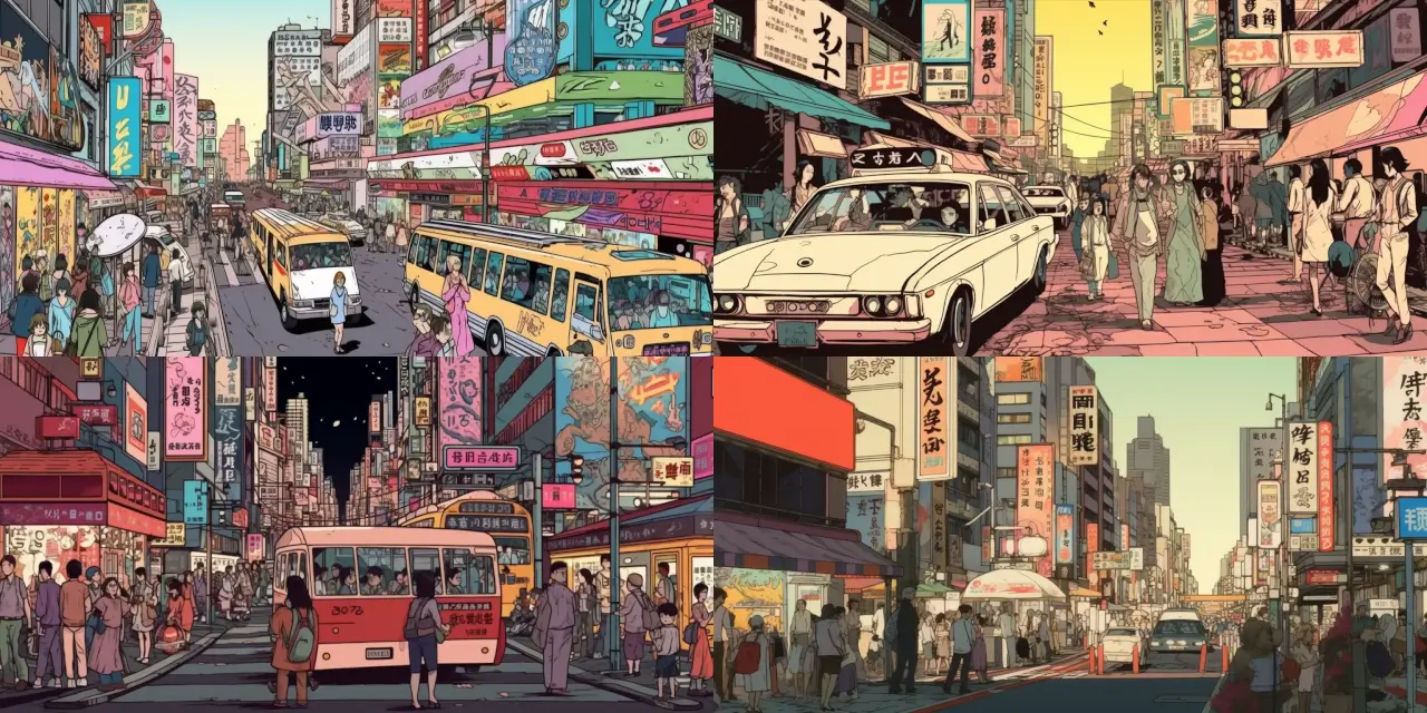 Illustrate a bustling modern-day Tokyo street scene featuring {{specific_number}} people, {{number_of_vending_machines}} vending machines, traffic with {{number_of_vehicles}} vehicles, and towering buildings in the background. Capture the unique atmosphere and energy of the city using Manga Style Illustrations. Add details like fashion trends, street signs, and vibrant colors to enhance the immersive experience.