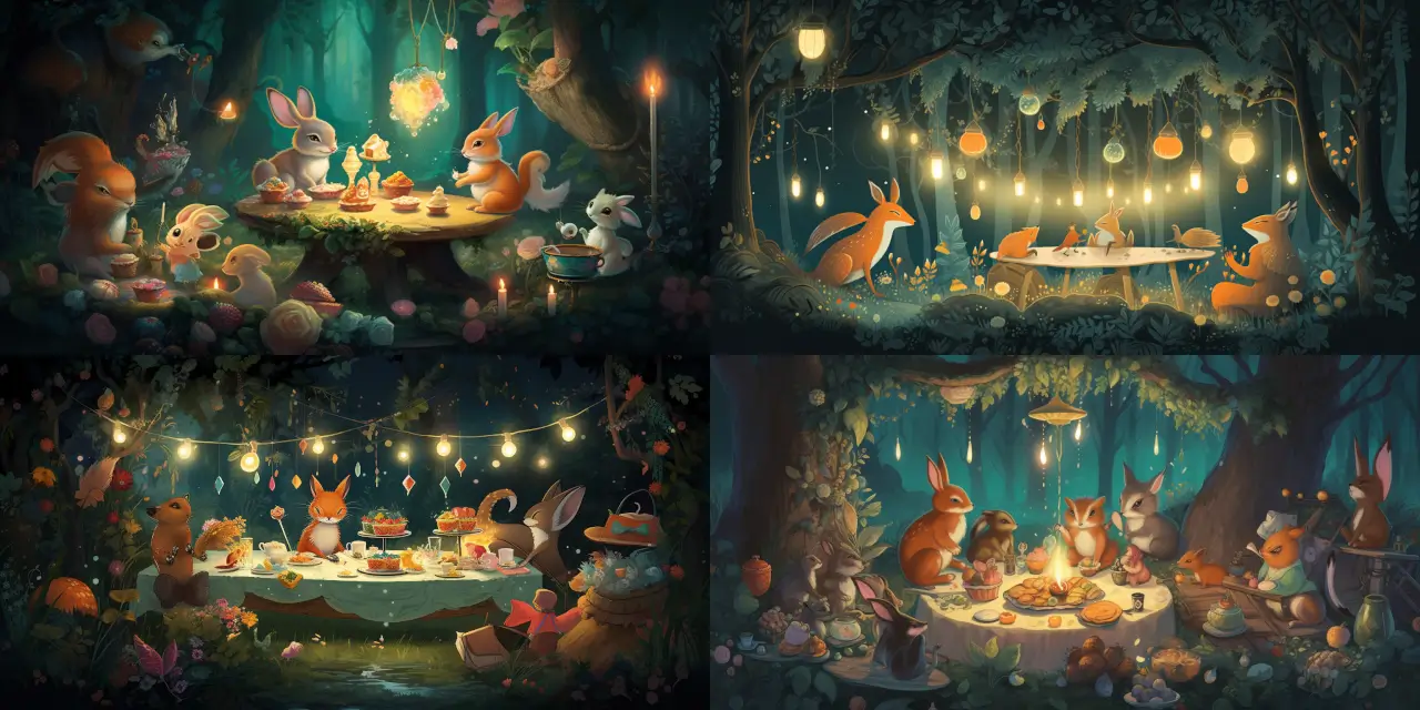 Create a mesmerizing illustration of an enchanted fairytale forest, where {{number_of_creatures}} woodland creatures such as {{creature_1}}, {{creature_2}}, and {{creature_3}}, are having a delightful tea party. Capture a bright and inviting atmosphere with magical elements such as sparkling {{magical_element_1}} like fairies, and luminous {{magical_element_2}} like glowing flowers. Emphasize the sense of wonder, harmony and {{theme}} in the scene, drawing inspiration from art styles such as {{art_style_1}} and {{art_style_2}}. Use a {{medium}} technique to showcase the intricate details and vivid colors of the storyboarding.