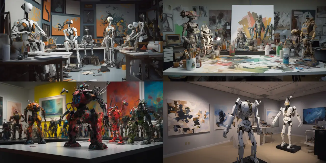 Illustrate an evocative scene where {{number_of_robots}} robots and {{number_of_humans}} humans, each showcasing unique {{style_descriptor}} designs, work harmoniously side by side in a technologically advanced art studio, creating new masterpieces together. The studio contains state-of-the-art art tools and medium, like {{medium_1}}, {{medium_2}}, and {{medium_3}}, blending both robot & AI design with human creativity. Capture the essence of unity, synergy, and the boundless power of collaborative artistic expression, all enveloped in a {{art_style}} style, inspired by the works of {{artist_1}} and {{artist_2}}. Bring forth a sense of {{strong_feeling}} through the vivid imagery and detailed portrayal of this futuristic, yet familiar art-making environment.