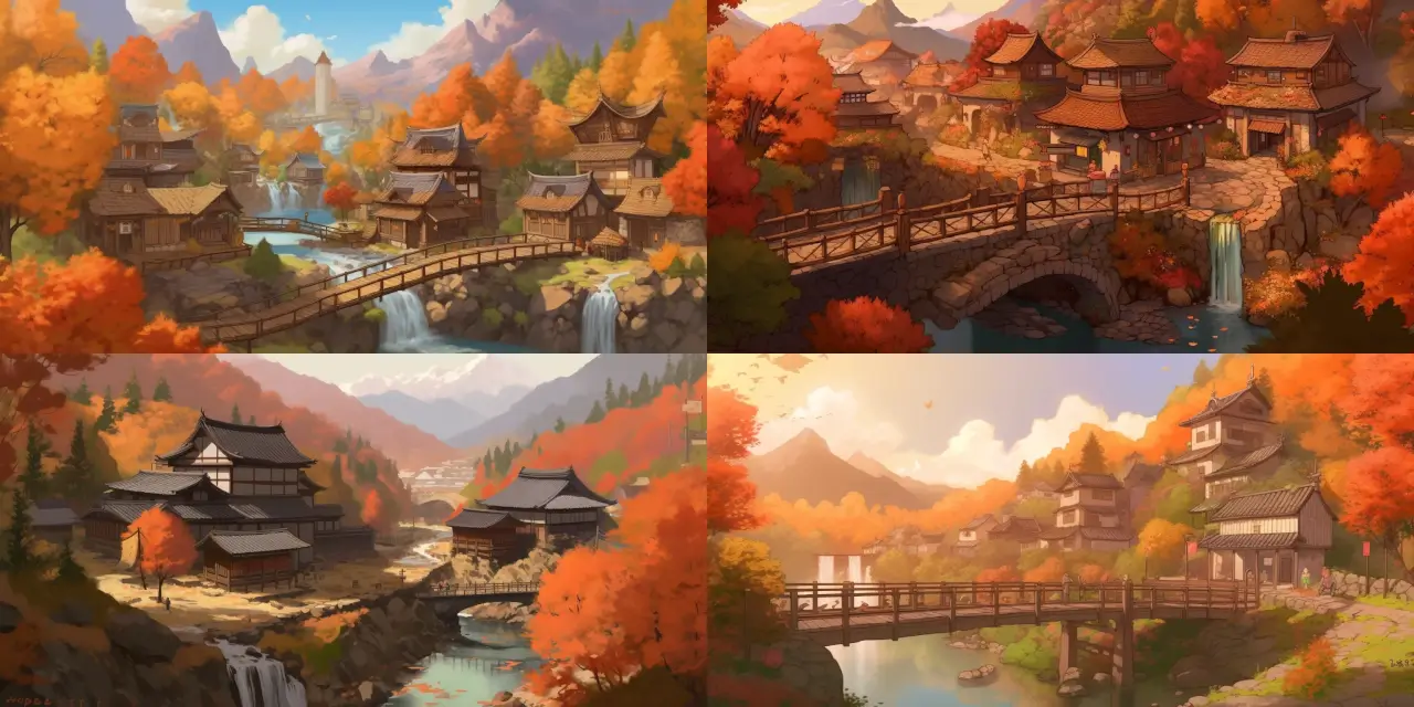 Visualize a serene mountain village during the autumn season, featuring {{number_of_houses}} houses, with vibrant foliage in shades of {{color_1}}, {{color_2}}, and {{color_3}}. Include a meandering stream reflecting {{reflected_element}}, surrounded by Anime Background Art style. Also, integrate {{detail_1}} and {{detail_2}} to accentuate the peaceful atmosphere of the village scene.