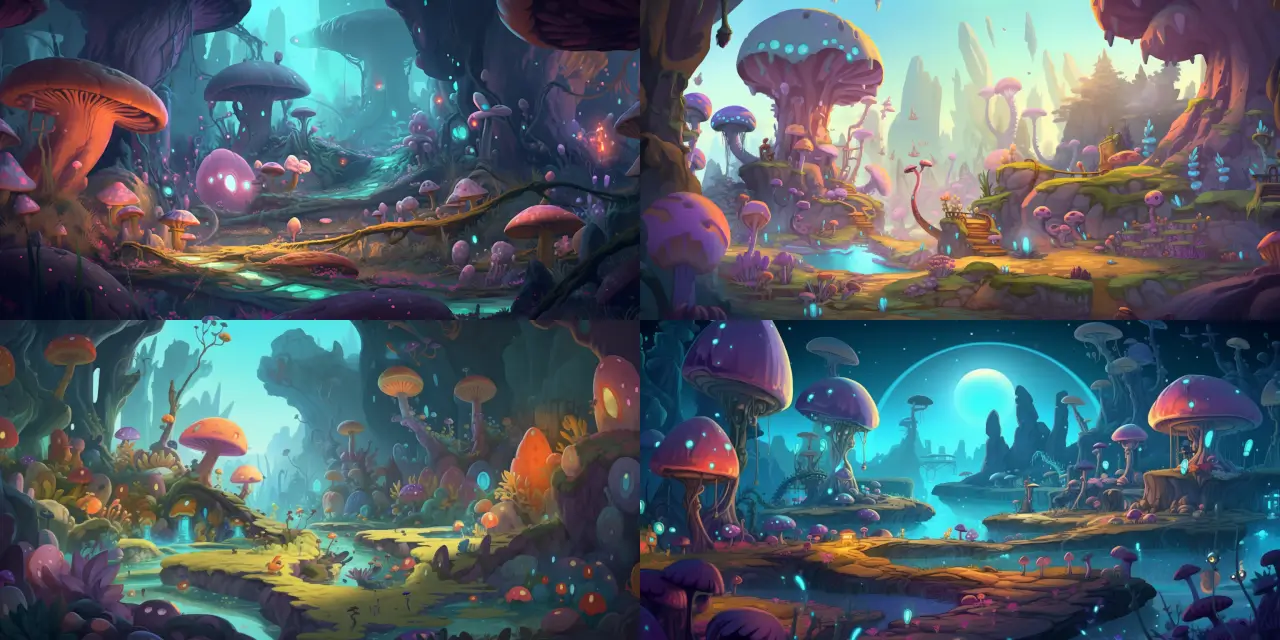 Create a vibrant, cartoon-styled game art of an alien planet landscape, bursting with vivid colors and filled with a multitude of diverse, whimsical cartoon alien creatures. Incorporate unique elements such as {{element_1}}, {{element_2}}, and {{element_3}} in the landscape, and design the alien creatures with distinctive features inspired by {{inspiration_1}} and {{inspiration_2}}. Ensure that the overall style is reminiscent of classic cartoons while maintaining a sense of modern, updated gameplay visuals.