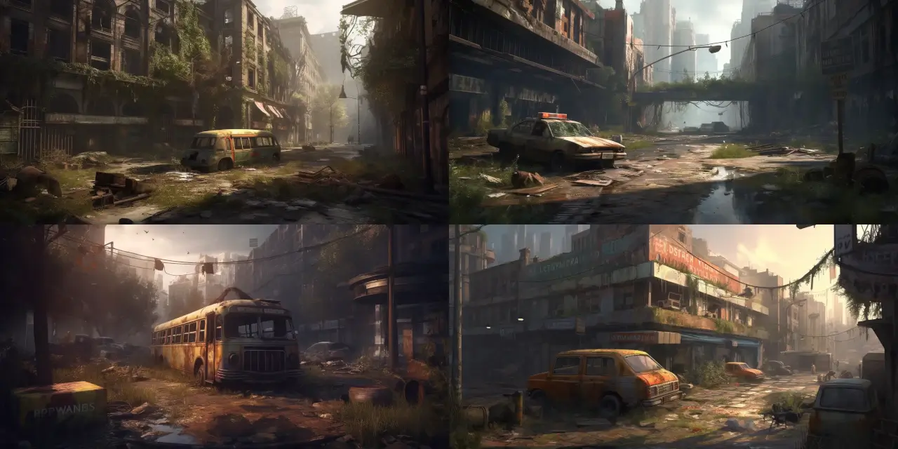 Illustrate a post-apocalyptic city street featuring {{building_1}}, {{building_2}}, and {{building_3}} with destroyed exteriors, overgrown vegetation like {{plant_1}} and {{plant_2}}, and worn-out vehicles such as {{vehicle_1}} and {{vehicle_2}}. Capture the overwhelming sense of {{feeling_1}} and {{feeling_2}} in this desolate environment. Present the scene in Game Environment Art style, utilizing the color palette and techniques inspired by {{artist_1}} and {{artist_2}}. Incorporate elements of {{art_style_1}} and {{art_style_2}} to create a visually stunning and immersive post-apocalyptic experience.