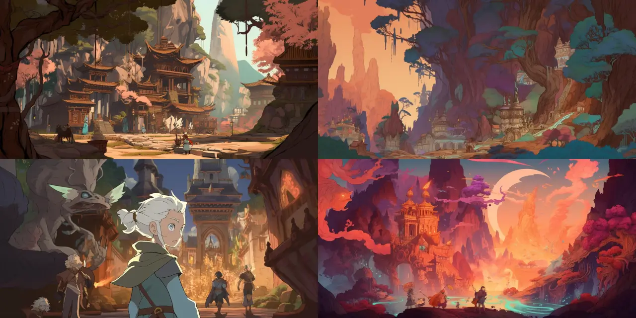 Explore an enigmatic medieval fantasy world inhabited by {{creature_1}}, {{creature_2}}, and magical beings such as {{magical_being_1}} and {{magical_being_2}}, featuring an epic battle between {{faction_1}} and {{faction_2}} unfolding in the background. Depict this mysterious realm in a 2D animation style, taking inspiration from artists like {{artist_1}} and {{artist_2}}. Incorporate elements of {{theme_1}}, {{theme_2}}, and {{theme_3}} to evoke strong emotions and create a visually captivating experience. Consider using a medium such as {{medium_1}} or {{medium_2}} to bring this fantastical world to life.