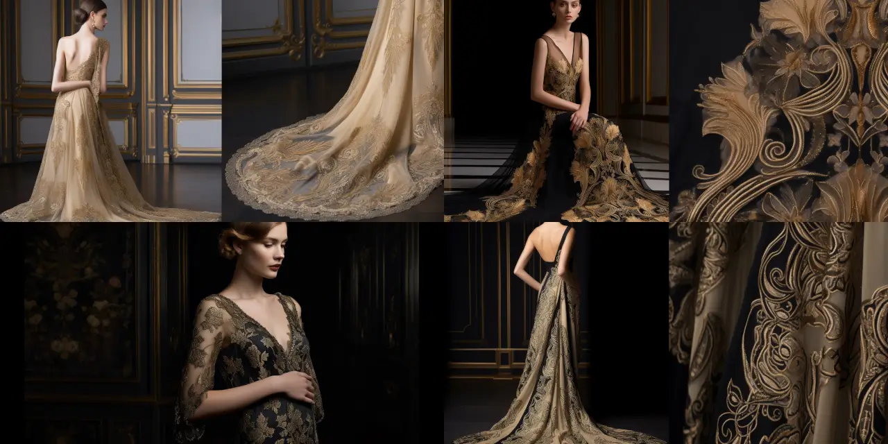 Incorporate {{material_1}} lace and {{material_2}} embroidery elements within a {{adjective_1}} luxurious pattern for an exquisite evening gown, inspired by {{inspiration_1}}. The design should evoke a sense of {{theme_1}} and {{theme_2}}. Utilize techniques like {{technique_1}} and {{technique_2}} to capture the essence of {{style_1}} and {{style_2}}. The pattern should be suitable for materials like {{fabric_1}} and {{fabric_2}}, and should complement the gown's overall silhouette. Reference iconic gowns designed by {{designer_1}} and {{designer_2}}. Consider implementing {{detail_1}} and {{detail_2}} as additional embellishments to enhance the pattern's visual appeal. Render the design in an illustrative medium such as {{medium_1}} or {{medium_2}}.