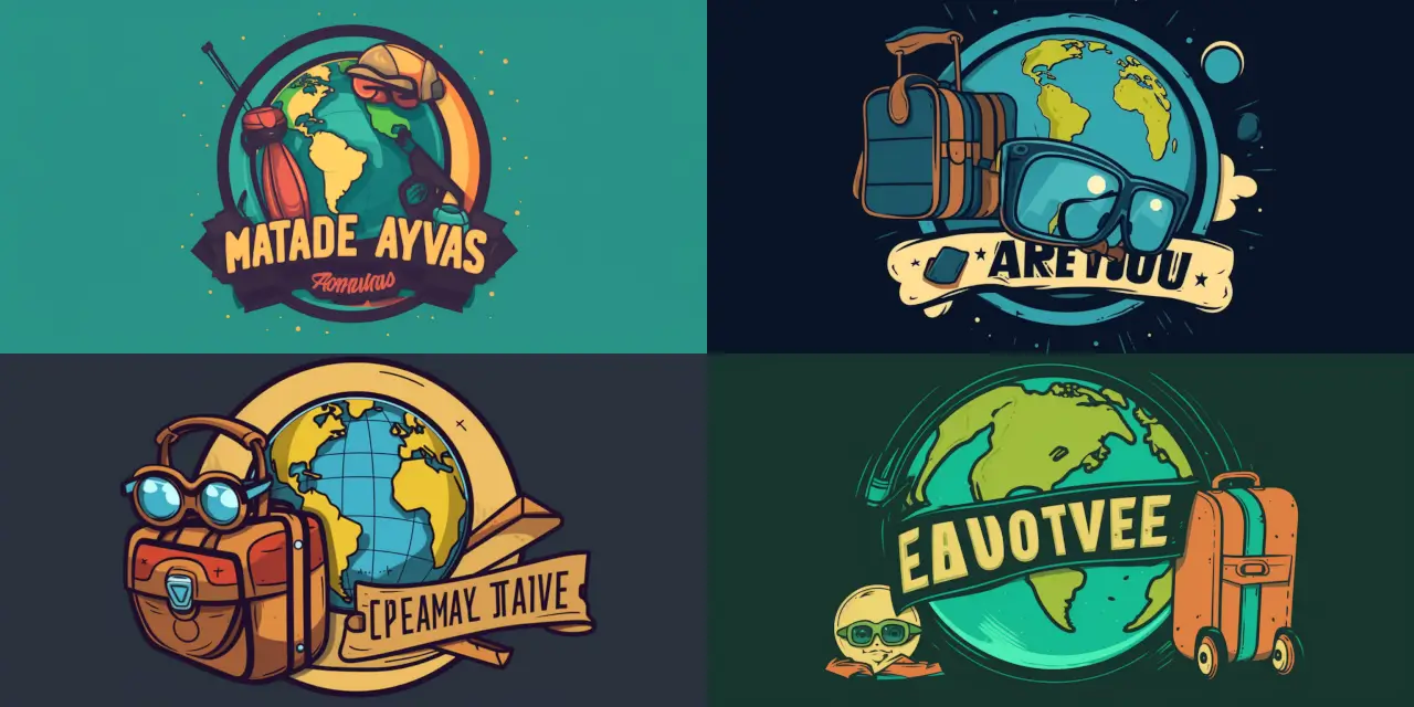 Create a cartoon-styled travel agency logo featuring {{element_1}}, a globe wearing {{element_2}}, a suitcase like a backpack, and {{element_3}}, a pair of sunglasses. Include a tagline saying "{{tagline}}." Incorporate elements of {{art_style}} in the logo design.