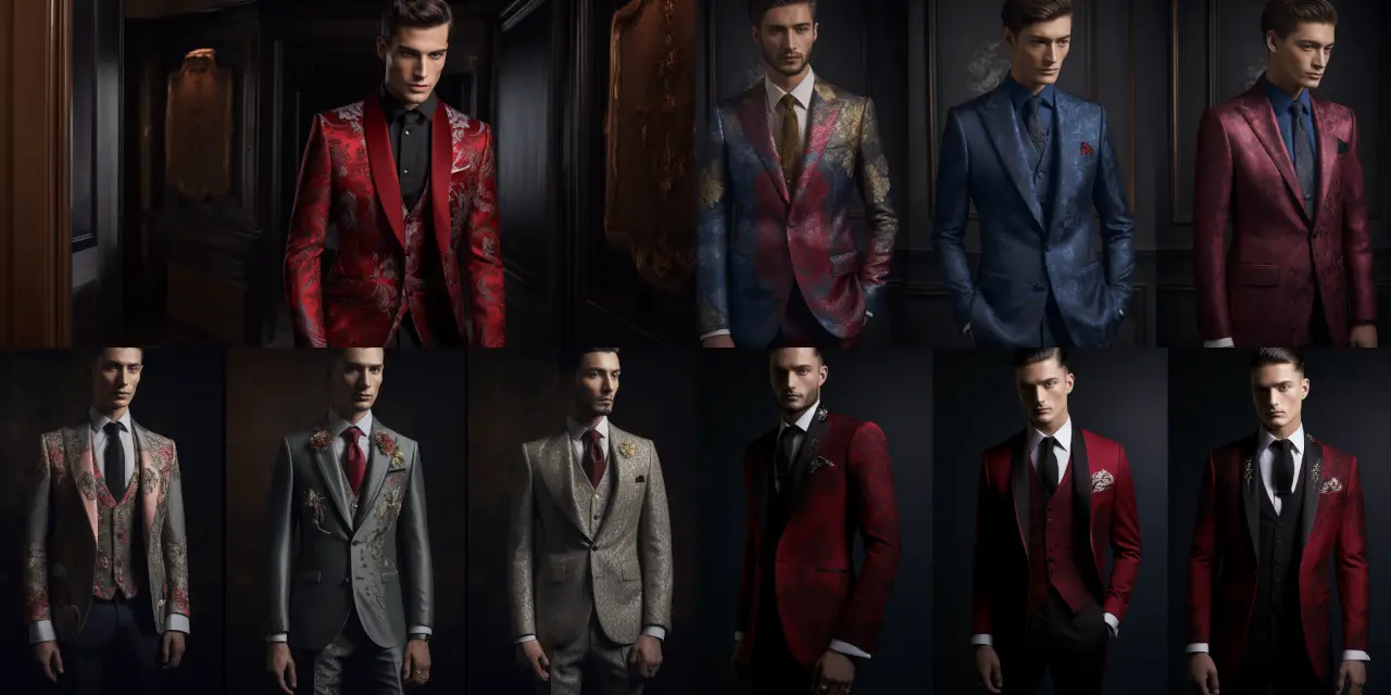 Craft a luxurious, red carpet-ready men's suit collection featuring {{number_of_suits}} unique designs, showcasing unconventional tailoring techniques and bold embellishments. Emphasize elements such as {{element_1}}, {{element_2}}, and {{element_3}} to accentuate the wearer's individuality while maintaining high-fashion elegance. Incorporate inspiration from artistic styles like {{art_style_1}} and {{art_style_2}} as well as influential designers like {{fashion_designer_1}} and {{fashion_designer_2}} to create a truly show-stopping ensemble. Use materials such as {{material_1}}, {{material_2}}, and {{material_3}} along with striking color schemes including {{color_1}}, {{color_2}}, and {{color_3}} to elevate the collection's appearance, reflecting the modern man's desire for sophistication, confidence, and extravagance.