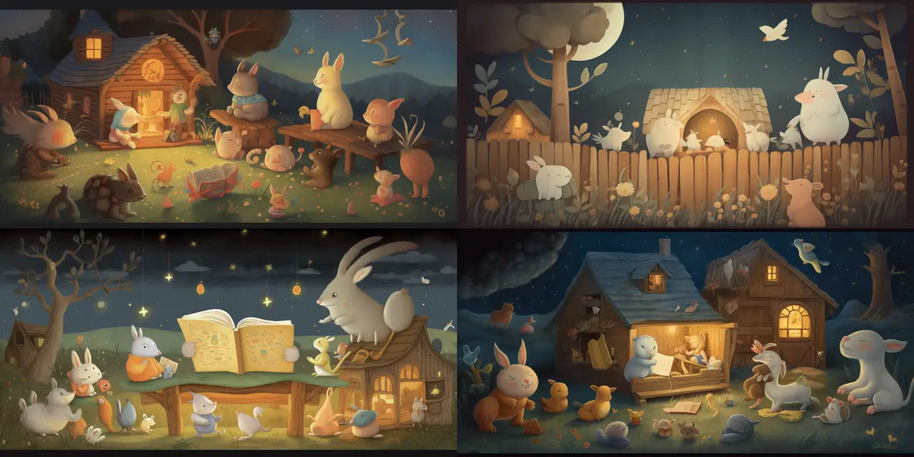 In a dreamy children's book illustration style, create an enchanting scene of a compassionate {{material_1}} robot tenderly reading bedtime stories to an endearing group of {{number_1}} little farm animals under the gentle glow of the {{adjective_1}} moonlight, evoking a sense of warmth, love, and security. The farm animals could include a cuddly {{animal_1}}, an innocent {{animal_2}}, and an adorable {{animal_3}} all attentively listening with wide-eyed wonder, while the robot appears as a gentle guardian figure, providing comfort and imagination to their young minds. The setting can be either an idyllic farm, a cozy barn, or a serene meadow, with whimsical details like twinkling stars, floating {{element_1}}, or even a hidden magical creature peering from the shadows. Let the colors be soft and soothing, reminiscent of a bedtime lullaby, capturing the essence of childhood innocence and unforgettable moments shared between different beings.