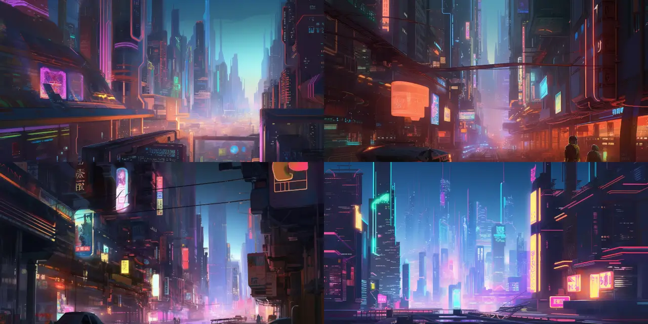 Illustrate an anime-style {{setting_1}} cityscape with {{lighting_1}} neon lights, {{structure_1}} towering skyscrapers, and {{transport_1}} flying vehicles, populated by {{character_style_1}} cyberpunk-inspired characters. Include "Anime-Styled Game Art" at the end of the prompt for clarity.