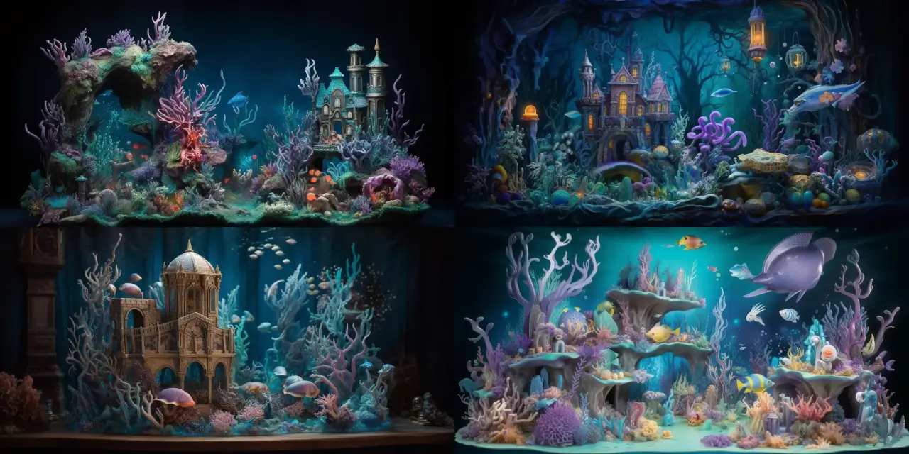 A stunning underwater scene set in {{fantasy_kingdom}}, filled with fantastical sea creatures like {{sea_creature_1}} and {{sea_creature_2}}, breathtaking mermaids, and awe-inspiring underwater castles crafted from {{material_1}} and {{material_2}}. The depth and beauty of this magical realm are enhanced by the use of ethereal colors like {{color_1}}, {{color_2}}, and {{color_3}}, and expertly crafted lighting techniques that create a sense of depth and wonder. Designed to be the eye-catching cover art for a new fantasy book, this inspiring piece captures the essence and allure of the submerged kingdom like no other.