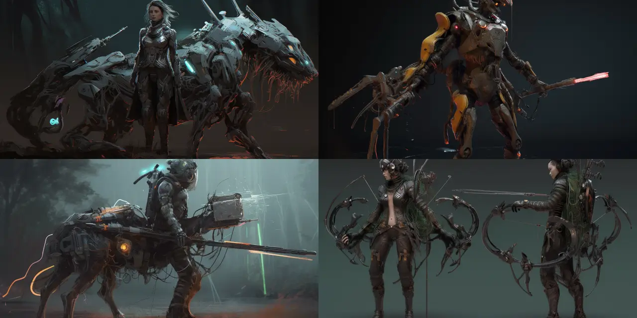 Illustrate a post-apocalyptic warrior, clad in repurposed {{technology_1}} and {{technology_2}}, wielding a high-tech bow adorned with {{tech_detail_1}} and {{tech_detail_2}}, and riding a mutant steed with {{mutant_trait_1}} and {{mutant_trait_2}} features. Emphasize the futuristic character design, incorporating elements of {{art_style_1}} and {{art_style_2}}. Capture the sense of {{theme_1}} and {{theme_2}} in this desolate world, and draw inspiration from the works of {{artist_1}} and {{artist_2}}. Use the medium of {{medium_1}} to bring this apocalyptic vision to life.