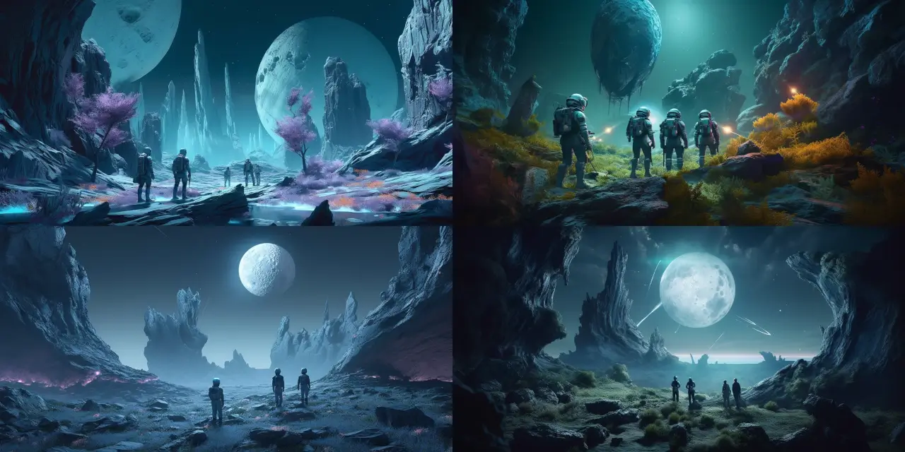 A group of {{number_of_explorers}} explorers consisting of {{human_explorers}} human(s) and {{alien_explorers}} alien(s), journeying across the surface of a newly discovered moon adorned with peculiar {{bioluminescent_vegetation_color}} bioluminescent vegetation. The scene captures the essence of Sci-Fi & Space Art while showcasing the diverse species of explorers, their futuristic attire, and advanced equipment. The surreal landscape is filled with spectacular formations, such as {{unique_terrain_1}} and {{unique_terrain_2}}, which emit a soft {{ambient_light_color}} glow from the moon's unusual flora. The celestial sky above displays an awe-inspiring view of distant stars and constellations, along with the {{galactic_sight}}, creating a sense of cosmic wonder. The art style for this composition can draw inspiration from artists like Yuriy Shportko or Kilian Eng, utilizing a palette that complements the bioluminescent theme and highlights the adventurous spirit of exploration. Preferred mediums include: digital painting, matte painting, or even a detailed ink drawing.