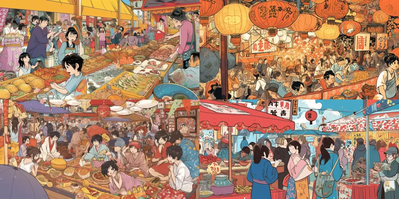 Illustrate a vibrant and lively Japanese festival, capturing the essence of the event with a close-up on {{number_of_booths}} booths selling various street food delicacies, such as {{food_item_1}} and {{food_item_2}}. Include people dressed in traditional and colorful yukatas, showcasing their intricate patterns and designs. Set the scene in a Manga Style Illustration, drawing inspiration from artists like {{manga_artist_1}} and {{manga_artist_2}}. Enhance the image by incorporating elements that evoke a sense of {{festival_theme}} and showcase the unique aspects of Japanese culture.