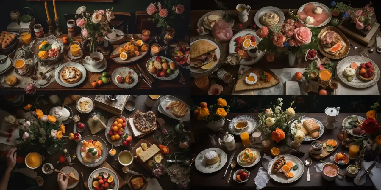 Design a flat-lay of an eclectic brunch spread featuring {{dish_1}}, {{dish_2}}, and {{dish_3}}, with a vintage aesthetic reminiscent of {{artist}}'s work. Capture the essence of Food Photography by incorporating objects, such as {{object_1}} and {{object_2}}, to evoke a sense of nostalgia and warmth. Utilize elements like {{style_1}} tablecloth, {{style_2}} silverware, and an {{adjective_1}} centerpiece to accentuate the brunch atmosphere. Experiment with different angles, lighting styles, and natural elements like {{element_1}} or {{element_2}} to bring depth and visual interest to the composition.