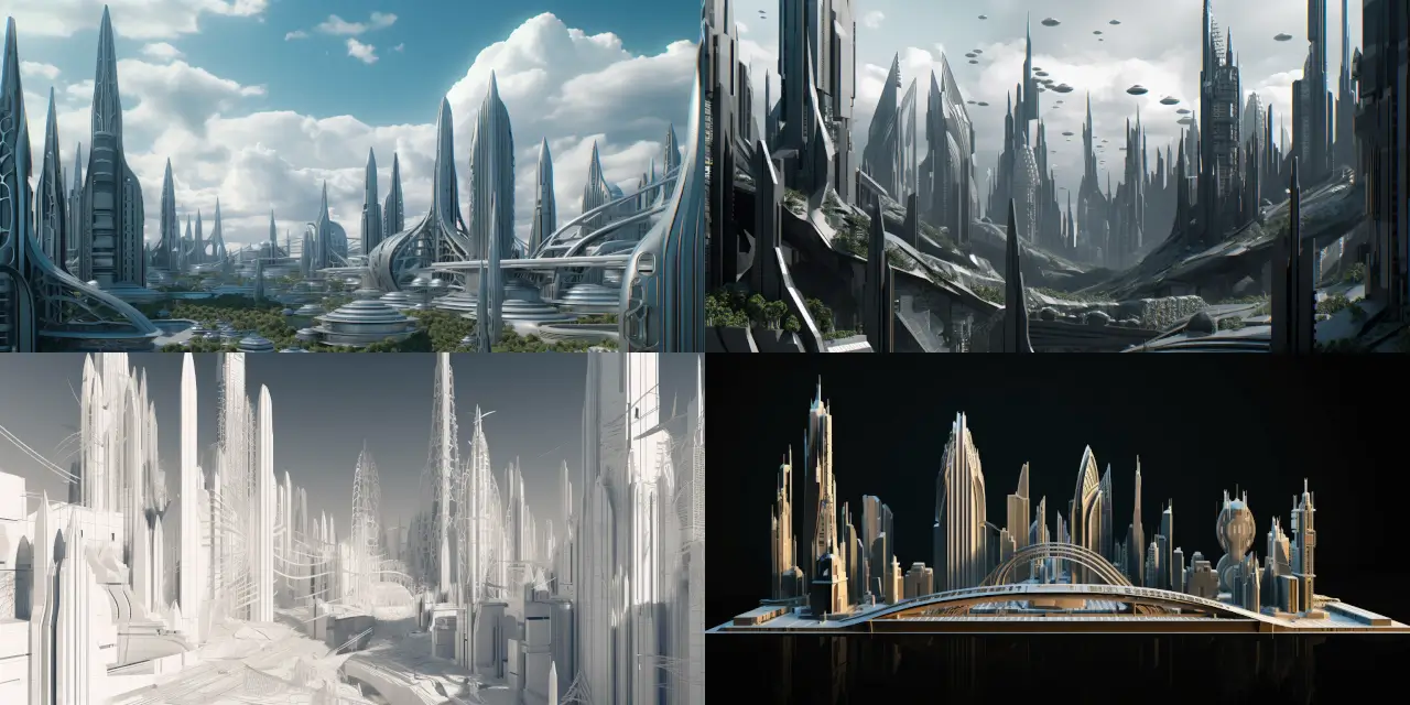 Design a {{style_1}} futuristic cityscape with {{number_of_skyscrapers}} towering skyscrapers, efficient {{transportation_1}} like flying cars, and abundant green spaces for {{purpose_1}} 3D printing. The city should evoke a sense of {{feeling_1}} and be inspired by the works of {{artist_1}} and {{artist_2}}. The medium for this cityscape should be a {{medium_1}} depiction, capturing the intricate details of the buildings, transportation, and greenery.