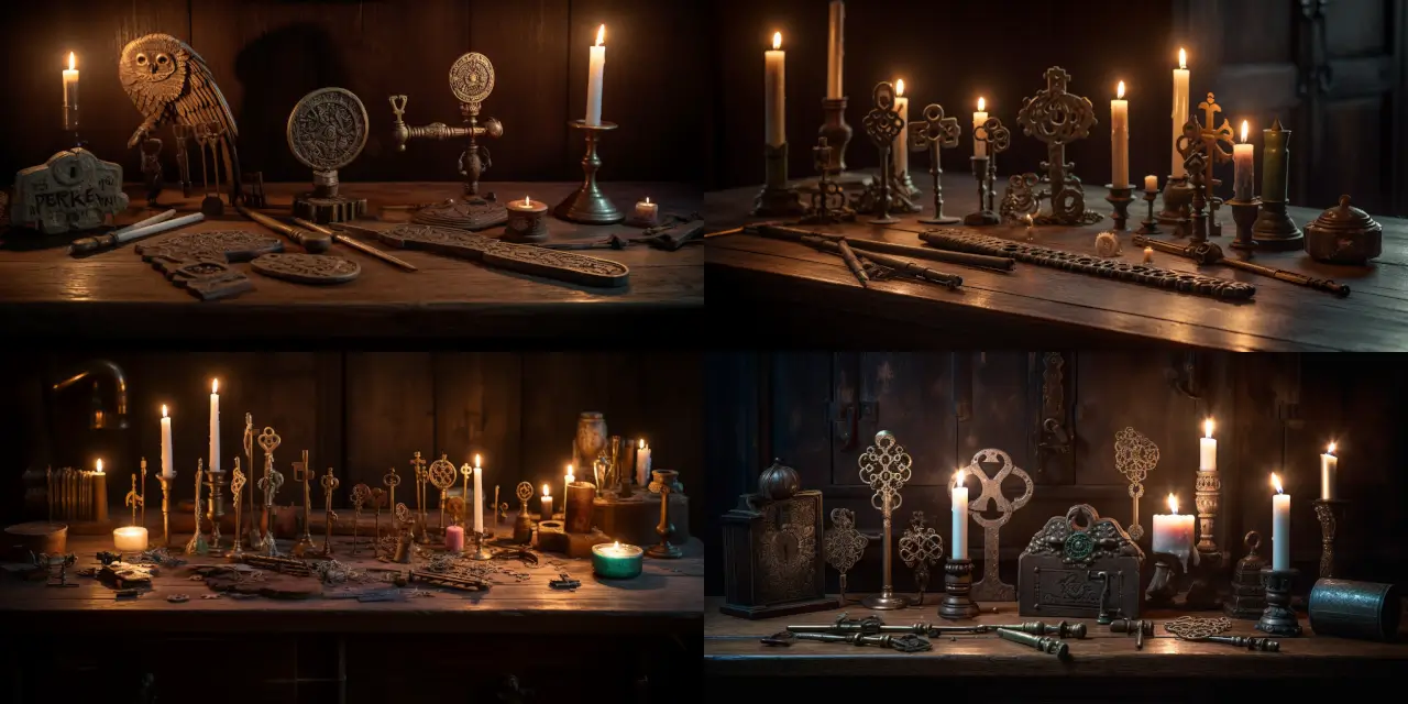 In a dimly lit room, an array of enchanted, gleaming keys of various sizes and shapes are displayed on an old, worn-out wooden table. Each key is adorned with a uniquely crafted charm or symbol, such as {{charm_1}}, {{charm_2}}, and {{charm_3}}. The soft, magical glow of {{number_of_candles}} candles illuminates the scene, casting mesmerizing shadows on the walls. The artistic style should evoke a sense of wonder, mystery, and ancient power, with influences from {{art_style_1}} and {{art_style_2}}. The medium for this piece should be a {{chosen_medium}}, such as an oil painting, watercolor, or sketch. Capture the allure and mystique of these magical artifacts in a beautifully composed image.