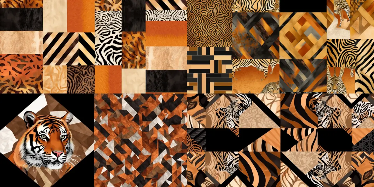 Create a geometric tessellation pattern featuring {{animal_1}}, {{animal_2}}, and {{animal_3}} fur textures and colors. Incorporate {{color_1}}, {{color_2}}, and {{color_3}} inspired by Animal Patterns & Textiles, in a unique style such as {{style_1}} or {{style_2}}. Emphasize a sense of {{theme_1}} and {{theme_2}} in the pattern while utilizing a medium like {{medium_1}} or {{medium_2}} to bring the design to life.