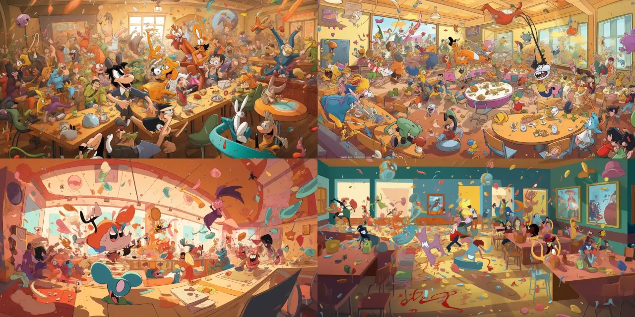 A vibrant, dynamic food fight scene taking place in a bustling school cafeteria, featuring a colorful cast of {{cartoon_character_1}}, {{cartoon_character_2}}, and {{cartoon_character_3}}, alongside their zany friends. A whirlwind of assorted foods such as {{food_item_1}}, {{food_item_2}}, and {{food_item_3}} fly across the room, splattering against walls and participants alike. The 2D animation style captures the energetic chaos and comic expressions, reminiscent of a {{animation_inspiration_1}} or {{animation_inspiration_2}} production.