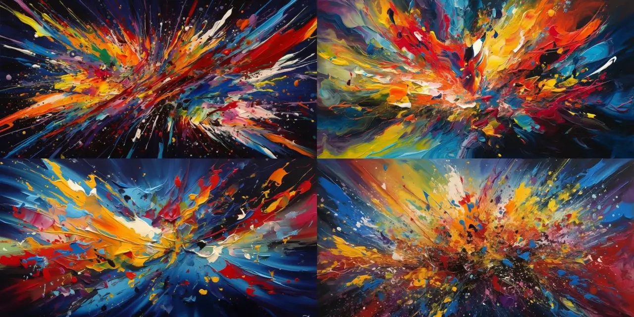 Create a vibrant masterpiece, filled with an explosion of {{color_1}}, {{color_2}}, and {{color_3}}, featuring fluid and dynamic shapes that capture the energy and excitement of a fireworks display. Delve into the world of abstract art and let your imagination run wild as the emotion evoked by the scene comes to life on the canvas. Think of famous abstract artists like Kandinsky or Pollock, and use a medium of your choice, such as {{medium_1}} or {{medium_2}}, to create a visual symphony of awe-inspiring lights and colors.