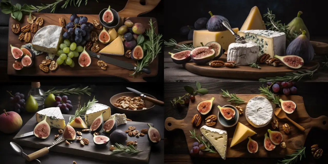 Construct a visually appealing cheese platter featuring {{cheese_1}}, {{cheese_2}}, and {{cheese_3}}, with elegant {{garnish_1}} and {{garnish_2}}. Use food photography techniques to capture the vibrant colors and textures, including creative {{label_style}} labels for each cheese type. Incorporate a {{background_theme}} aesthetic to enhance the overall presentation.