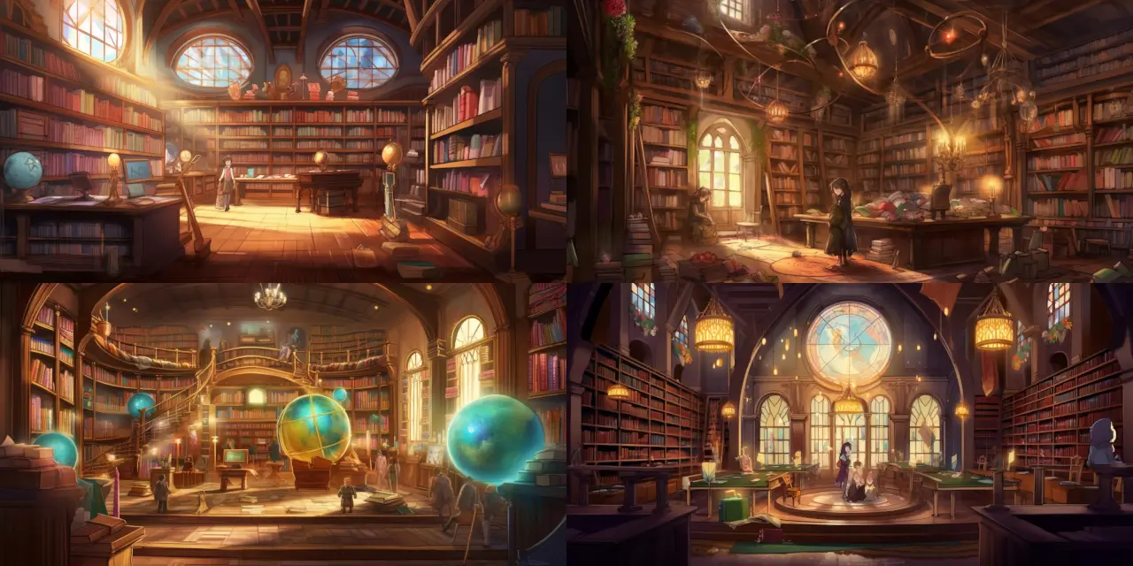 Illustrate a magical library in Anime Background Art style, filled with towering {{bookshelf_material}} bookshelves housing ancient and mystical {{book_genre}} books, enchanting floating candles casting {{lighting_adjective}} light, and an array of {{artifact_collection}} mystical artifacts, such as {{artifact_1}}, {{artifact_2}}, and {{artifact_3}}, placed strategically throughout the space. Capture a sense of {{mood_theme}} within the library, where visitors, including a {{visitor_profession}}, are drawn to explore the depths of knowledge and magical power hidden within the ancient tomes. Incorporate a color palette of {{color_adjective}} shades, inspired by the works of {{inspirational_artist}}, and utilize {{medium_choice}} for the final illustration.