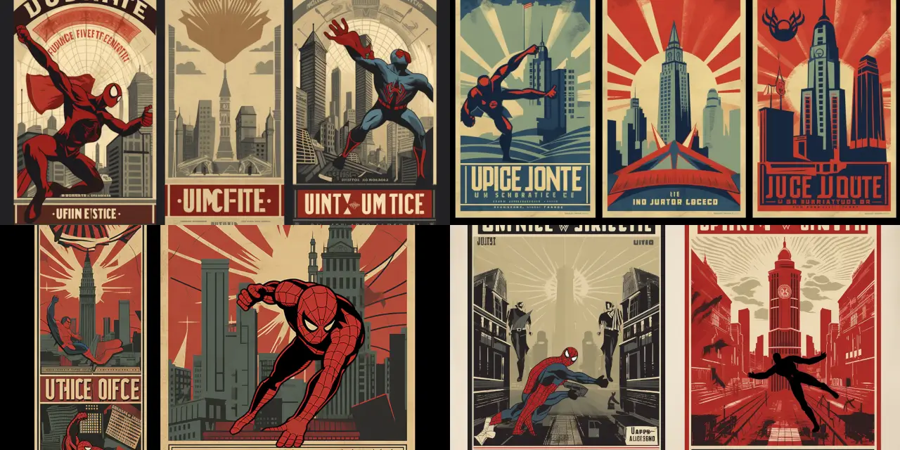 Illustrate a vintage-style propaganda poster featuring {{superhero}}, promoting the message "{{slogan}}!" Set within a {{setting}}, the poster should incorporate elements of {{art_style_1}}, {{art_style_2}}, and Comic Book Art. The design should emphasize the superhero's unique abilities by showcasing them in a bold, dynamic pose, surrounded by {{decoration_1}} and {{decoration_2}}. The color palette should evoke a sense of {{theme}} to inspire the viewer. Make sure to use an iconic font to emphasize the message "{{slogan}}!" Example variables: 