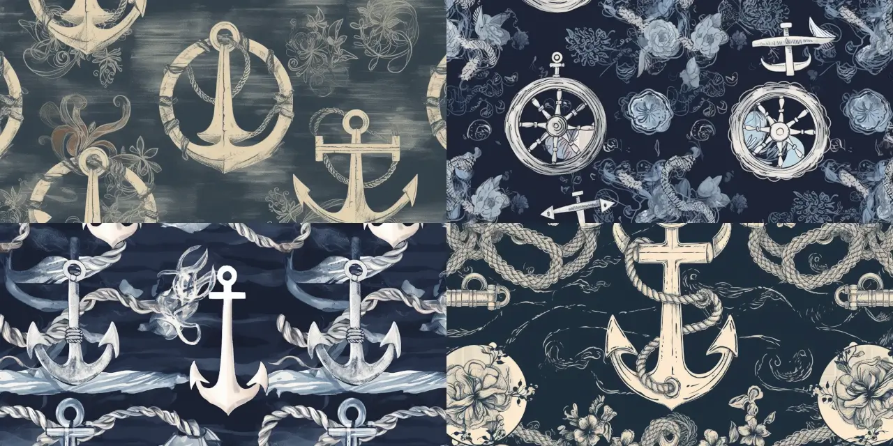 Craft a nautical-inspired pattern for a coastal collection, featuring {{element_1}}, such as an anchor, and {{element_2}}, such as ropes. The pattern should evoke feelings of {{theme_1}}, like sailing adventures or serene shores. Design it in a {{style_1}} style, for example, minimalistic, modern, or vintage, using a medium like {{medium_1}}, which could be watercolor, ink drawing, or digital illustration. Consider incorporating elements from the work of artists like {{artist_1}} for added inspiration, such as Ivan Aivazovsky or Hiroshi Yoshida. The pattern should incorporate a specific number of elements, such as {{number_of_elements}} anchor and rope combinations, and exude a sense of unity and balance, suitable for coastal home décor or textile designs.