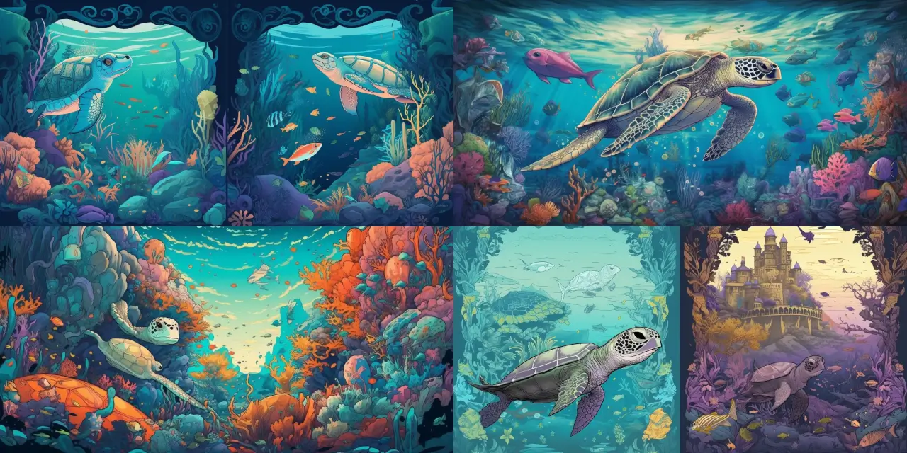 Illustrate a {{magical_adjective}} underwater kingdom filled with vibrant {{color_1}} and {{color_2}} coral reefs, home to a variety of {{creature_1}}, {{creature_2}}, and {{creature_3}} for a Cartoon Background Art. The kingdom should evoke a sense of {{theme_1}} and {{theme_2}} while incorporating a {{art_style_1}} or {{art_style_2}} art style, reminiscent of works by {{artist_1}} or {{artist_2}}. The composition should include a focal point, such as a majestic {{building_type}} or a mystical {{structure}}, done in the chosen medium: {{medium_1}} or {{medium_2}}.