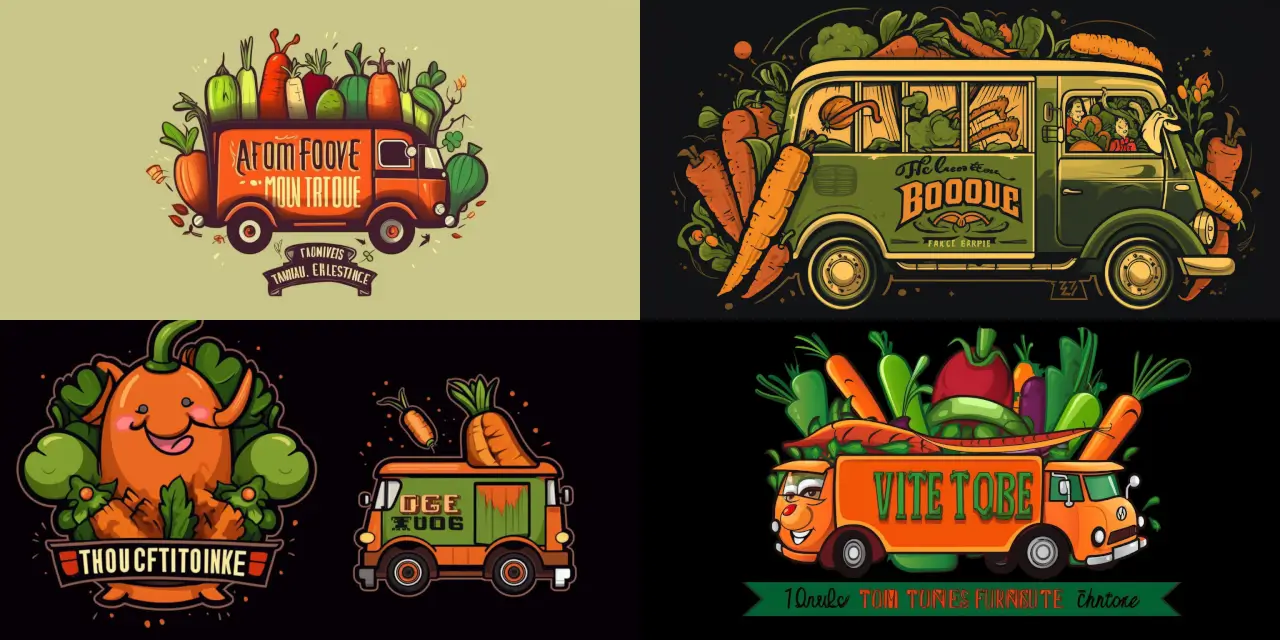 Design a cartoon food truck logo featuring a band of {{number_of_vegetables}} cheerful, musical, and instrument-playing vegetables, such as {{vegetable_1}}, {{vegetable_2}}, and {{vegetable_3}}, all showcasing their unique {{art_style}} characteristics. Include the food truck's name "{{food_truck_name}}" at the center of the design, surrounded by the lively vegetable band. Make the logo visually appealing and memorable by utilizing a color palette inspired by {{color_inspiration}} and drawing inspiration from the works of artists like {{artist_1}} and {{artist_2}}. Ensure that the chosen artistic medium, such as {{medium_1}} or {{medium_2}}, complements the vibrant, lighthearted theme of the food truck.