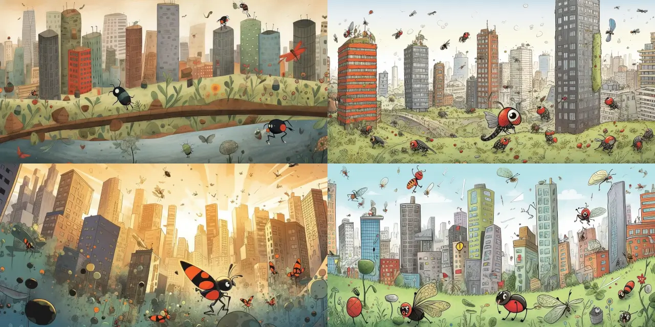 A children's book illustration of {{protagonist}}, the tiny superhero, saving the day amidst a bustling insect city, with {{building_1}}, {{building_2}}, and {{building_3}}. The scene showcases the superhero's unique {{superpower_1}} and {{superpower_2}}, capturing the attention of cheerful onlooking insects, featuring {{insect_1}}, {{insect_2}}, and {{insect_3}}. The illustration style should resemble a blend of {{artist_1}} and {{artist_2}}, with a hint of {{medium}}, evoking feelings of {{theme_1}} and {{theme_2}} in a vibrant, whimsical and engaging world for young readers.