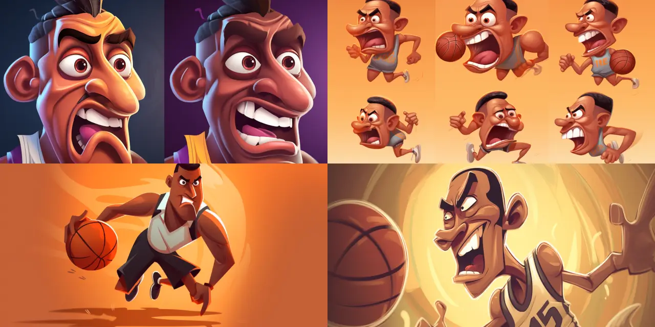 Create a sports-themed caricature avatar of a basketball player in mid-dunk, featuring exaggerated expressions and intensified emotions. The avatar should encompass {{character_theme}}, {{background_element}}, and an intense game face. Focus on emphasizing the player's muscular arms, dynamic pose, and the overall sense of movement in the scene. The art style could draw inspiration from artists like {{artist_1}} or {{artist_2}}, and incorporate a medium such as {{medium_type}}. Additionally, incorporate elements of the player's team, such as their jersey {{team_color}} and iconic {{team_logo}}. Emphasize the connection between the player and their audience by including their cheering fans in the background while also giving a nod to the riveting energy of the sport.