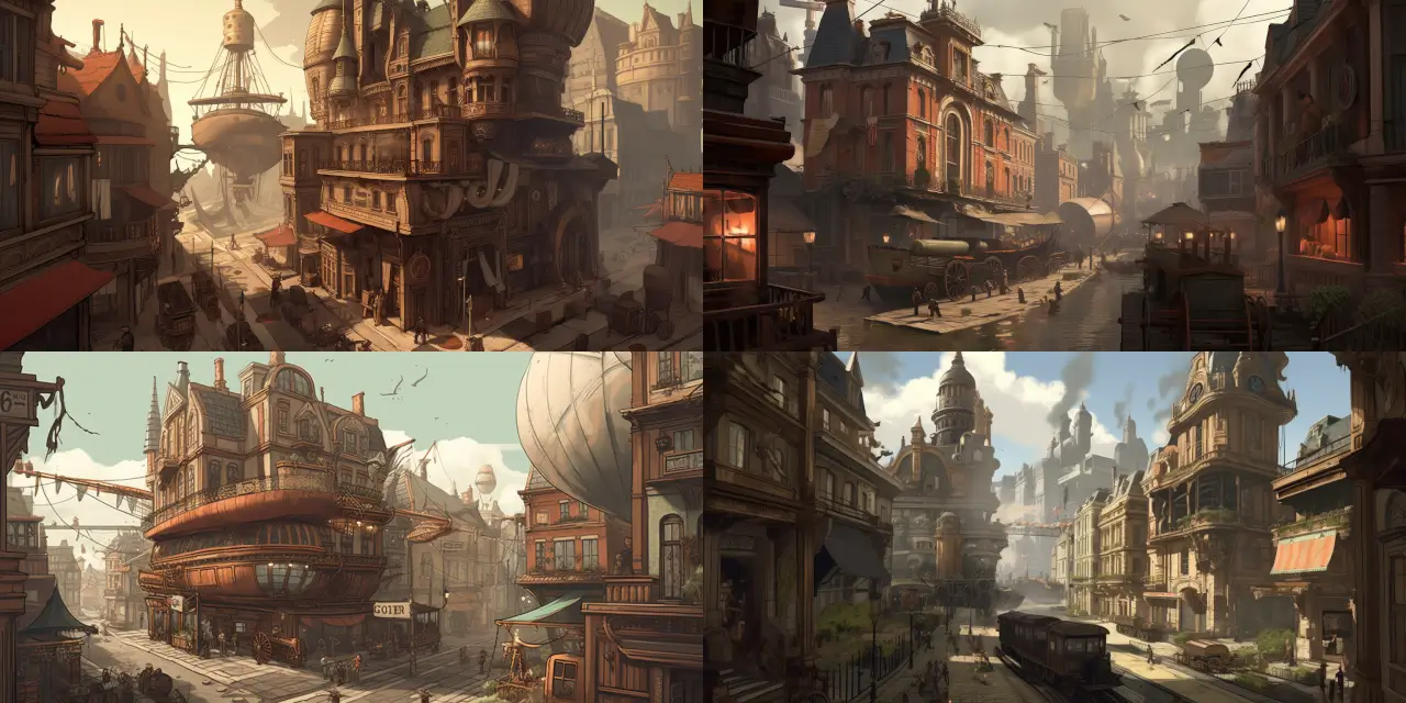 Design an intricate and sprawling {{steampunk_metropolis}}, complete with inventive {{machinery}}, soaring {{airships}}, and elaborate {{architecture}}. Ensure the cityscape embodies the retro-futuristic element of the {{steampunk_genre}}. Emphasize on 2D & 3D Game Assets, capturing the essence of steampunk in buildings, clothing, and technology. Explore various art styles, such as {{art_style_1}}, {{art_style_2}}, and {{art_style_3}}, and incorporate influences from renowned artists like {{artist_1}} and {{artist_2}}. Utilize mediums such as {{medium_1}}, {{medium_2}}, and {{medium_3}} to bring the city to life with vivid details and rich textures. Create a unique and immersive environment, evoking strong themes like {{theme_1}}, {{theme_2}}, and {{theme_3}}.