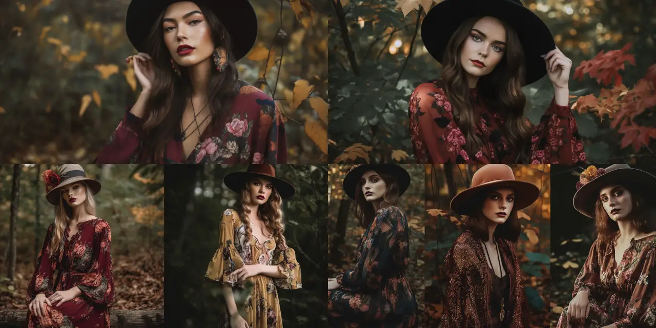 Showcase a {{theme}}-inspired fall fashion line using {{texture_1}}, {{color_1}}, and {{pattern_1}}. Fashion Design, consisting of {{outfit}}, in a {{setting}}, where models embody the spirit of {{qualification}} Bohemians. Let the garments be inspired by iconic artists like {{artist_1}} and {{artist_2}}, with precise attention to detailing, evoking a sense of {{emotion_1}} and {{emotion_2}}. Present the collection in a medium such as {{medium_1}} or {{medium_2}}, highlighting the fusion of modern and traditional styles.