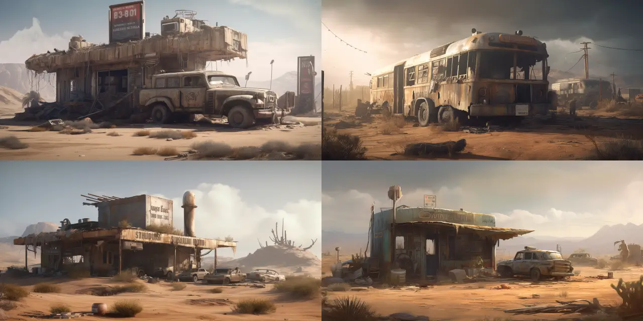 Design a post-apocalyptic {{setting_1}} featuring {{abandoned_structure_1}}, {{abandoned_structure_2}}, and {{vehicle_1}} wreckage scattered across a {{landscape_1}} for a survival mobile game. Emphasize {{theme_1}} and showcase {{art_style_1}} aesthetics in the environment. Consider incorporating elements inspired by artists such as {{artist_1}} and {{artist_2}}. The final artwork should be in a {{medium_1}} format.