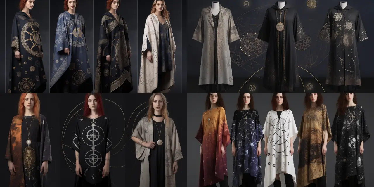 Visualize a clothing line for a modern-day wizard, featuring {{magical_symbol_1}}, {{magical_symbol_2}}, and celestial patterns inspired by {{celestial_element_1}} and {{celestial_element_2}}. Showcase a variety of garments, including a {{garment_1}}, {{garment_2}}, and {{garment_3}}, all designed with a blend of {{style_1}} and {{style_2}} aesthetics. Incorporate details that emphasize the fusion of ancient mysticism and contemporary fashion. Clothing Line Concept Art by {{artist_1}} and {{artist_2}}, rendered in {{medium_1}} and {{medium_2}} techniques.