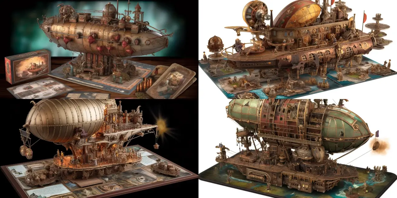 A {{style_1}} steampunk airship, adorned with intricate {{mechanical_detail_1}} and {{mechanical_detail_2}}, soars through the sky with a crew of {{number_of_adventurers}} enigmatic adventurers on board. They expertly navigate the airship while evading fantastical flying creatures, such as {{creature_1}} and {{creature_2}}. The scene is filled with warm, metallic colors, depicting {{color_1}} and {{color_2}} hues that enhance the overall atmosphere. The stunning, detailed design is suitable for a fantasy book cover art, capturing the essence of a world inspired by the works of {{inspirational_artist_1}} and {{inspirational_artist_2}}. The image is hand-painted using {{medium_1}}, showcasing the wearer's mastery of the art form.