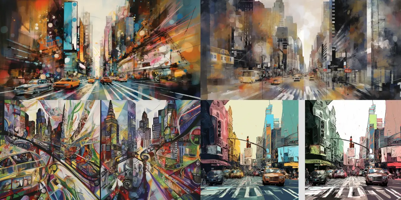 Capture the essence of a bustling city scene, featuring {{building_1}}, {{building_2}}, and {{building_3}}, by utilizing distorted lines, varying opacities, and overlapping layers that convey movement and multiple viewpoints. Integrate elements such as {{transportation_1}}, {{transportation_2}}, and {{figure_1}} interacting with the dynamic environment. Emphasize the abstract art style, merging feelings of {{emotion_1}} and {{emotion_2}} with inspiration from artists like {{artist_1}} and {{artist_2}}. Incorporate a unique medium, such as {{medium_1}}, for an added layer of complexity and depth.