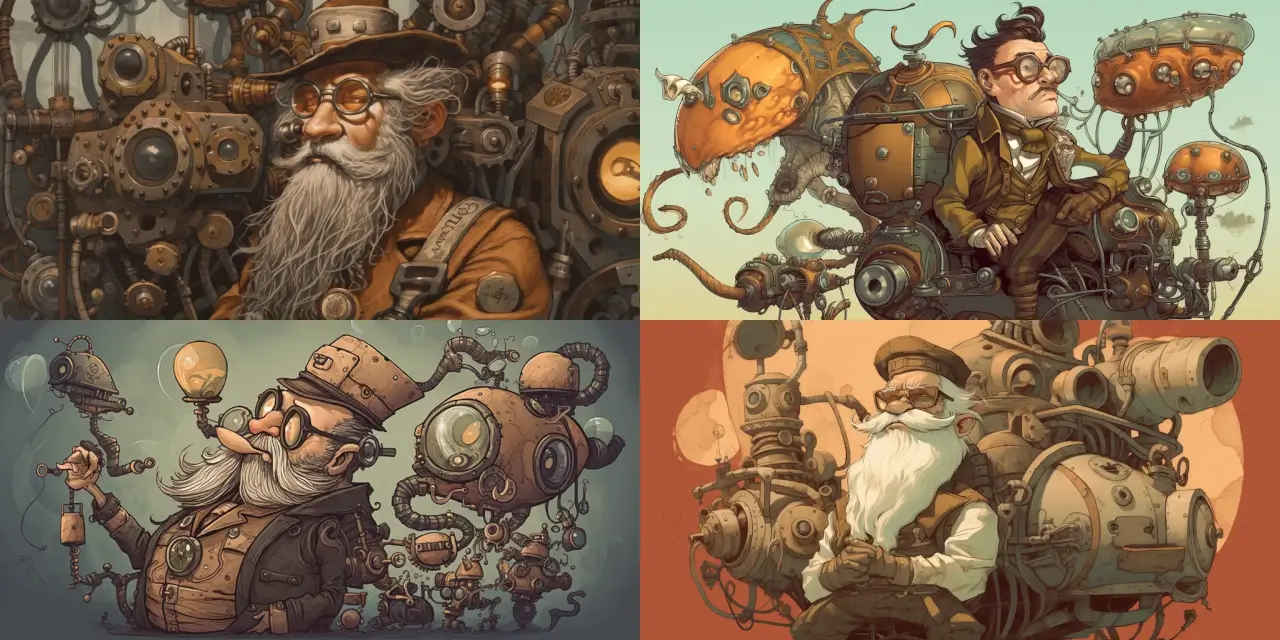 Illustrate a caricature of an eccentric {{adjective_1}} steampunk inventor with oversized goggles, mechanical {{limb_1_plural}}, and surrounded by quirky {{invention_theme}} inventions, such as {{invention_1}}, {{invention_2}}, and {{invention_3}}. Emphasize the exaggerated features of the inventor, including their {{facial_feature_1}}, {{facial_feature_2}}, and the interaction between the inventor and their creations. Showcase the inventor in a {{setting}} setting, incorporating the signature gears, pipes, and steam elements of steampunk design. The illustrator should take inspiration from artists like {{artist_1}} and {{artist_2}}, and experiment with mediums such as {{medium_1}} or {{medium_2}} to achieve a unique style for this caricature.