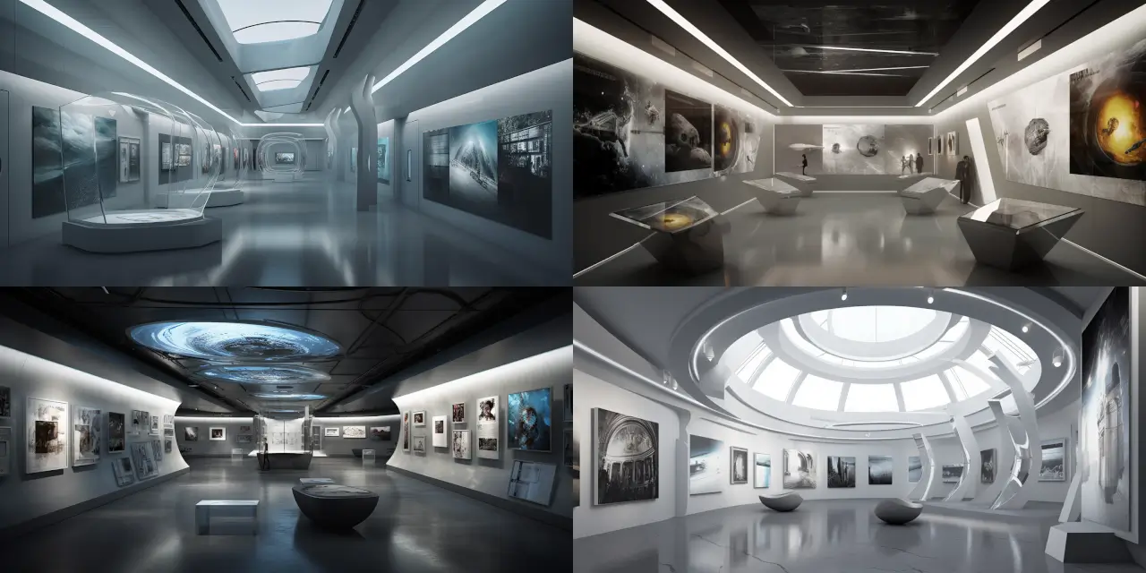 Design a futuristic art gallery displaying {{number_of_artworks}} renowned historical and contemporary artworks, featuring pieces such as {{artwork_1}}, {{artwork_2}}, and {{artwork_3}}, all brought together by Time Travel & Alternate Reality Concepts. The gallery should evoke a sense of {{feeling_or_theme_1}} and {{feeling_or_theme_2}}, while incorporating styles like {{art_style_1}}, {{art_style_2}}, and {{art_style_3}}. The building itself should showcase elements of {{architecture_style_1}} and {{architecture_style_2}}, seamlessly integrating with the surroundings. The interior should include innovative display methods, such as {{display_method_1}}, {{display_method_2}}, and {{display_method_3}}, allowing visitors to interact with and appreciate the artworks in a unique and engaging manner. Pay homage to the works of artists like {{artist_1}} and {{artist_2}} within your design, while also exploring new possibilities in art curation and presentation.