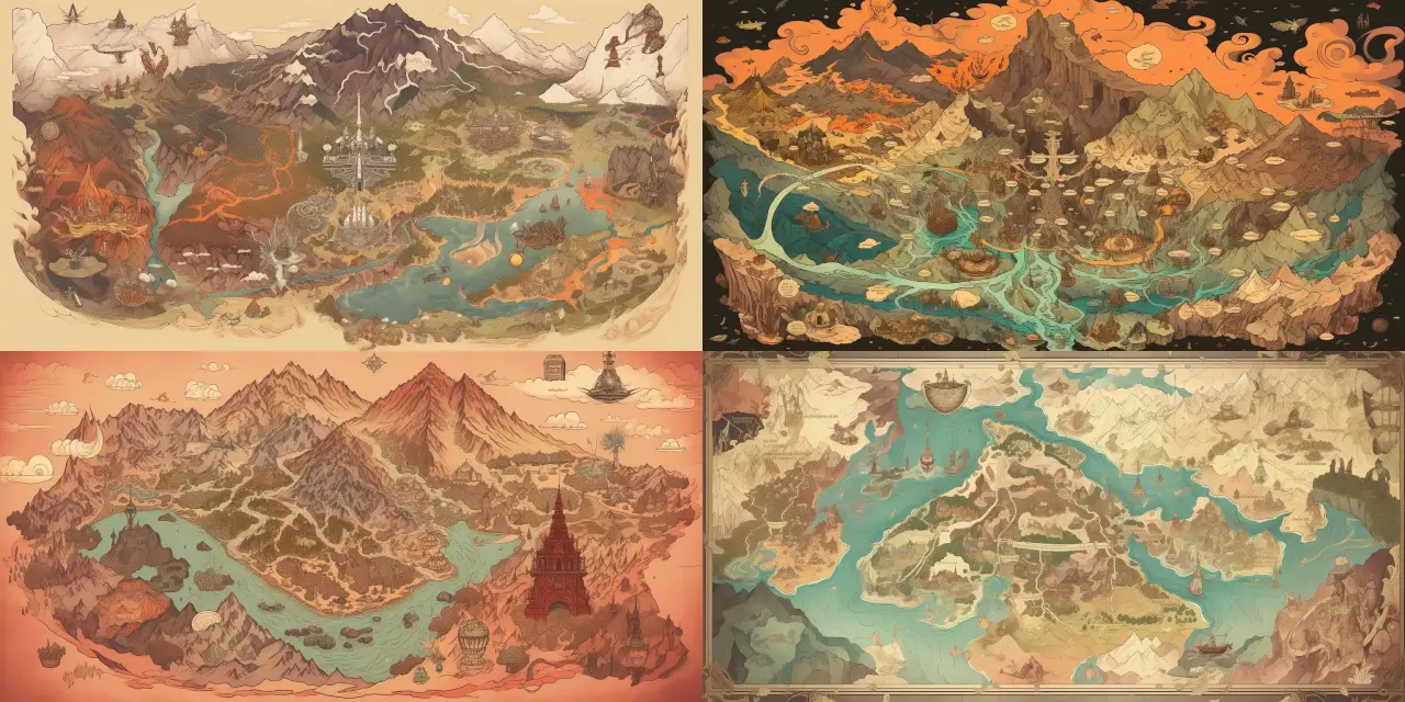 Illustrate a map of a mythical realm, featuring {{element_1}} fiery volcanoes, {{element_2}} icy tundras, {{element_3}} lush forests, and {{element_4}} vast deserts. This fantasy map design should showcase the unique characteristics of each elemental region, highlighting prominent landmarks, and prominent mythical creatures or deities associated with each area. Use a style inspired by {{art_style}}, and incorporate some elements from {{artist_inspiration}}'s work, and choose a medium such as {{medium_type}} to bring the realm to life.