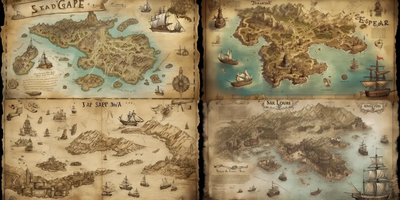 Design a detailed {{treasure_map_style}} treasure map featuring interactive elements, hidden {{cave_1}}, and legendary {{monster_1}} for a pirate-themed mobile game. The map should include unique landmarks, such as {{landmark_1}} and {{landmark_2}}, as well as distinctive stylistic touches, inspired by artists like {{artist_1}} and {{artist_2}}. The art should be in a {{medium_1}} style, incorporating elements of {{theme_1}} and {{theme_2}} to create an immersive in-game experience. Mobile Game Art.