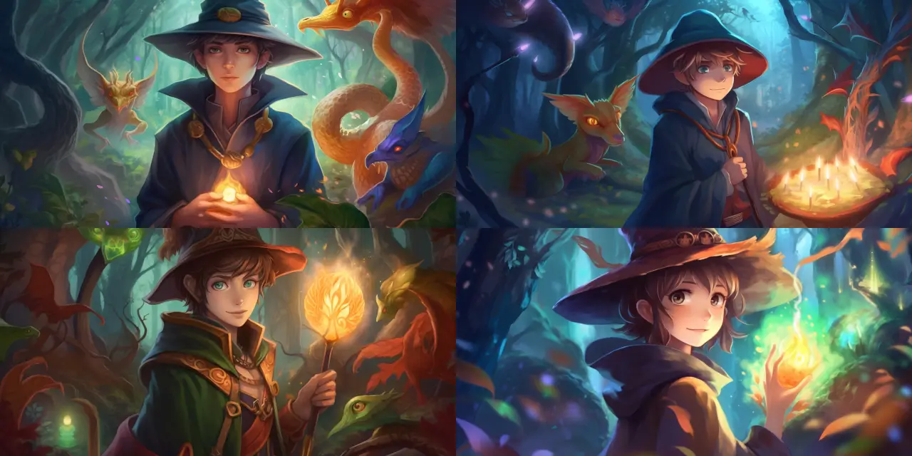 Draw a {{age_descriptor}} mage with a confident expression, wearing a pointy hat adorned with glowing magical {{symbol_type}} symbols. Surround the character with {{number_of_creatures}} fantastical {{creature_types}} in a mystical forest setting. Emphasize the anime portrait style and include vibrant colors and dynamic lighting.