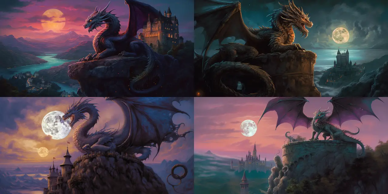 A captivating image of a fierce {{dragon}} perched atop a {{castle_turret}}, under the mystic glow of a {{full_moon}} in the background. Enrich the scene with dark, sumptuous colors and elaborate detailing on the dragon's scales. The art style should evoke the feel of a fantasy book cover, capturing the viewer's imagination and hinting at a thrilling tale within. Incorporate the elements of {{element_1}} and {{element_2}} to further enhance the atmosphere and create a visually striking, memorable piece.